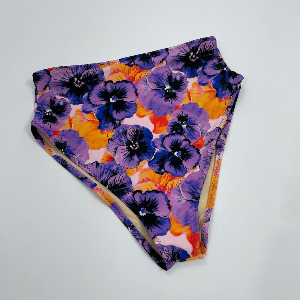 Purple & neon orange floral high waist swimsuit set - Picture 4 of 5